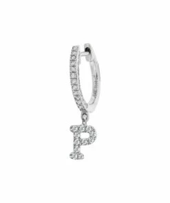 Wholesale 🛒 Meira T 14K White Gold Diamond Intial Single Huggie Hoop Earring Initial A ⭐ -Le Creuset And Meira T store unnamed file 874