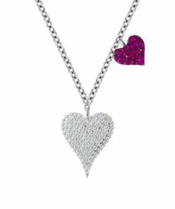 Best Pirce 🎁 Meira T 14K White Gold Diamond & Ruby Double Heart Pendant Necklace 👍