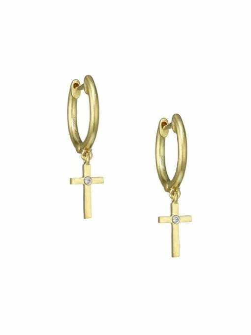 Best Pirce 🧨 Meira T 14K Yellow Gold & Diamond Cross Charm Huggie Hoop Earrings ⌛ -Le Creuset And Meira T store unnamed file 905